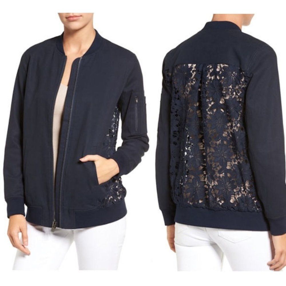 Chelsea28 Twill Lace Bomber Jacket Navy Blue Sheer Lace Floral Size XS